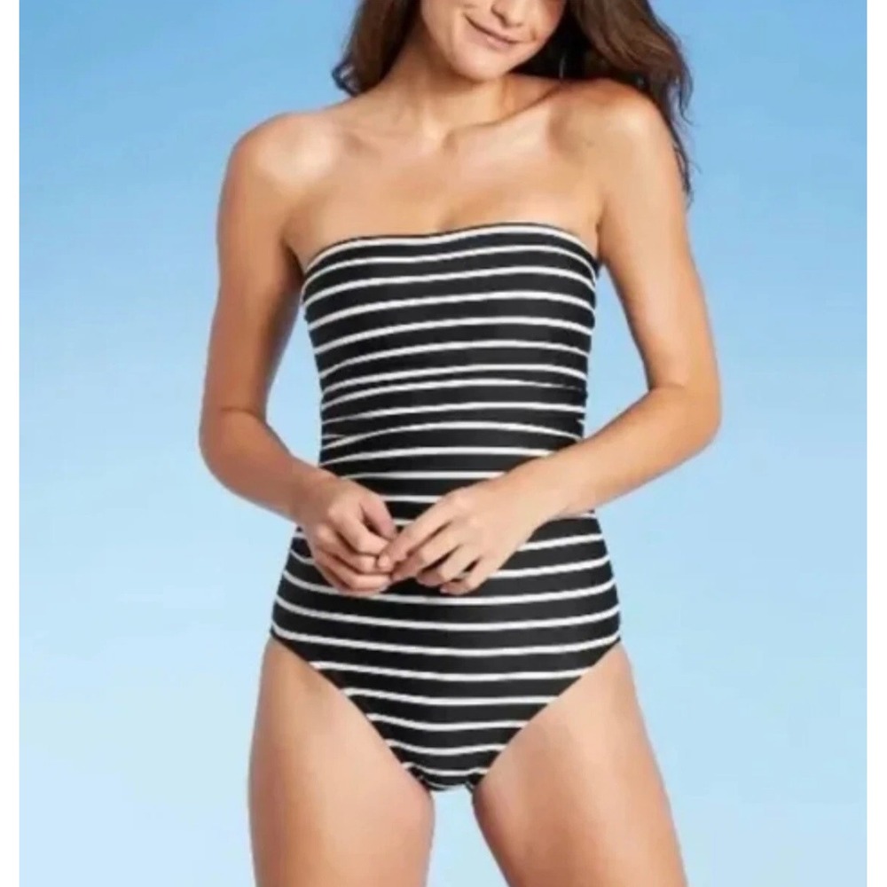Kona Sol Black White Striped One Piece Swimsuit Strapless Ruched Size XL